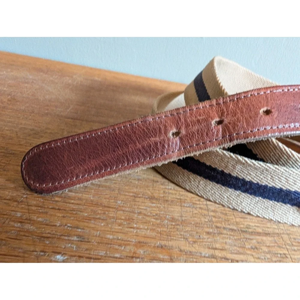 Vintage Mens Surcingle Belt Beige Canvas Navy Stripe Tan Leather Solid Brass 38